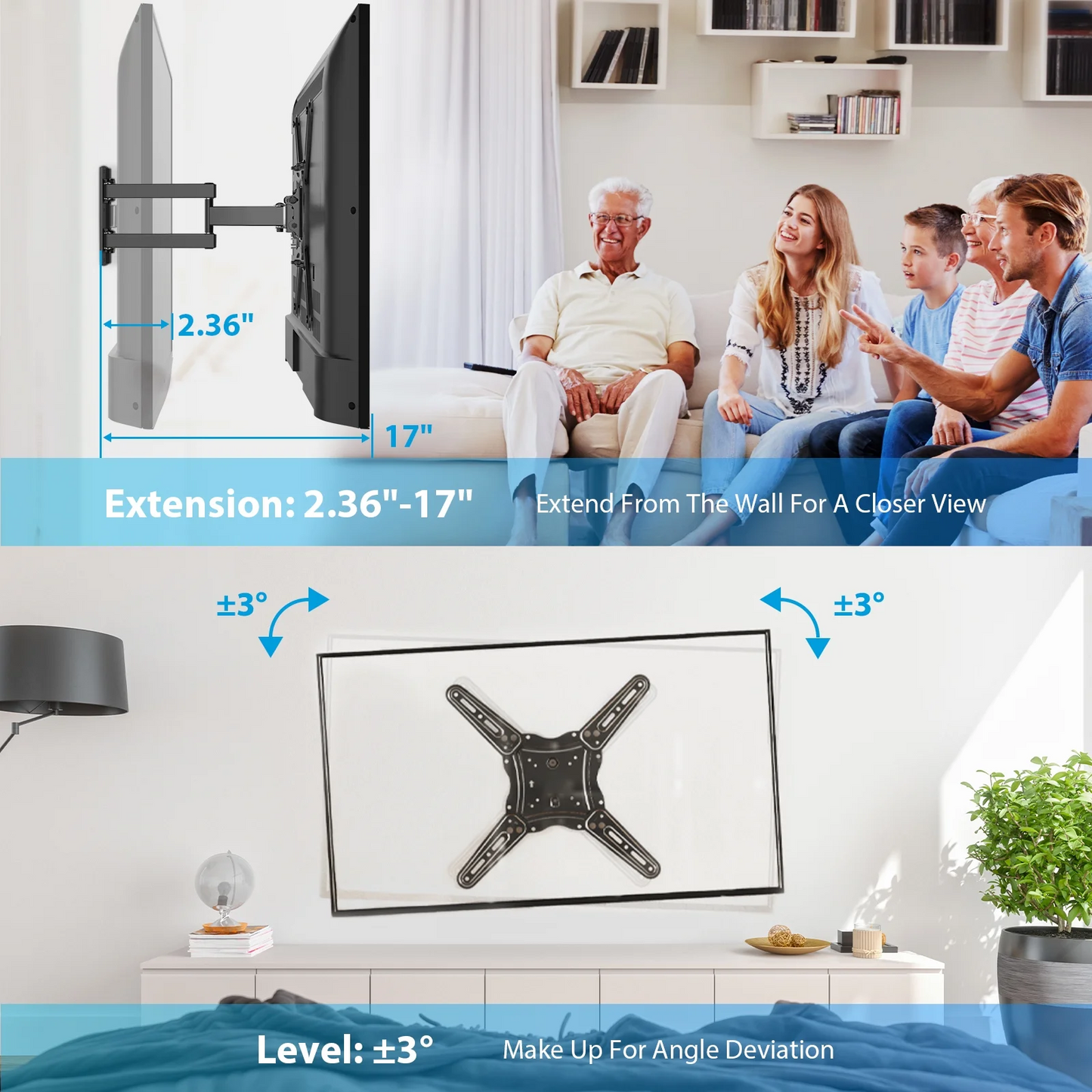 Full Motion TV Wall Mount Bracket, Articulating Arms Swivel Tilt Extension Rotation, Fits Most 26-60 inch Flat Curved LED LCD OLED TVs, Max 400x400mm Holds up to 88lbs
