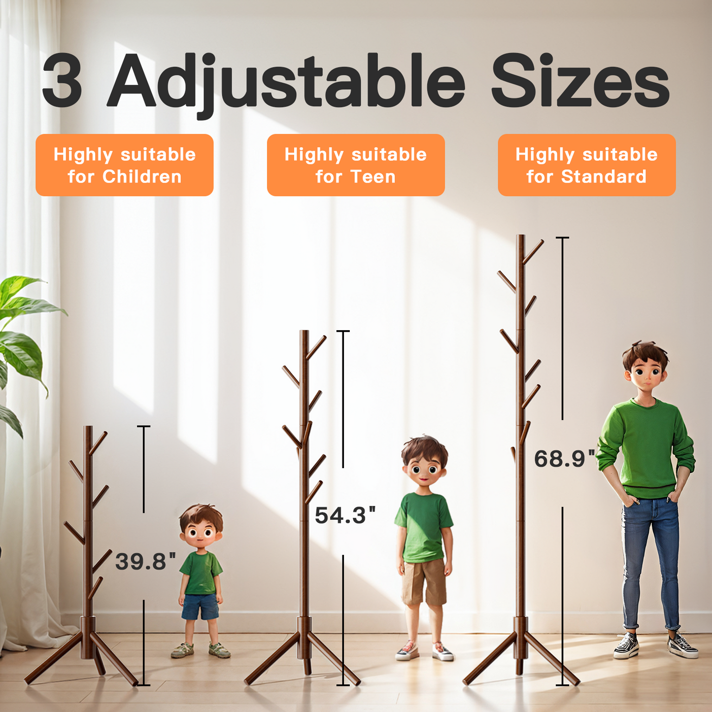 Coat Rack Stand with 3 Height Options and 8 Hooks Wooden Tall Freestanding Coat Rack for Home, Office, Entryway, Hallway