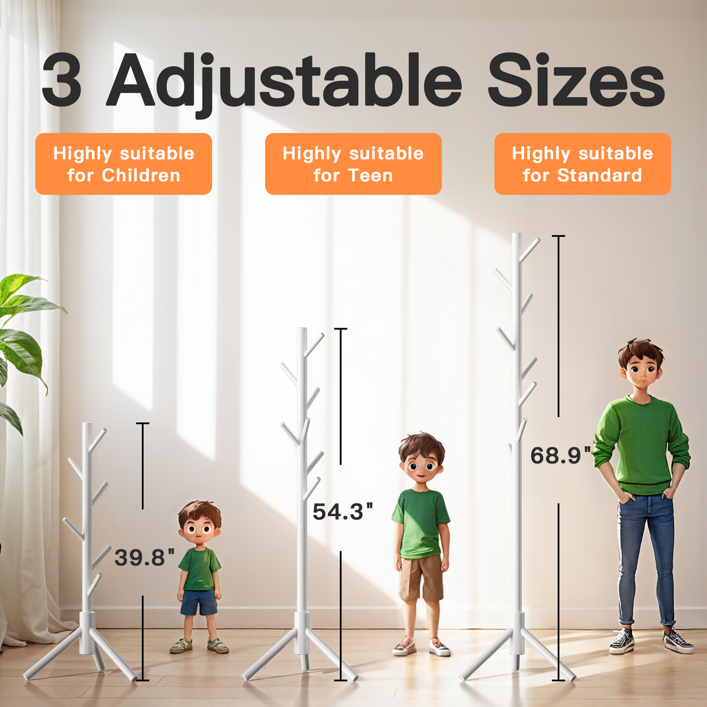 Coat Rack Stand with 3 Height Options and 8 Hooks Wooden Freestanding Coat Rack for Home, Office, Entryway, Hallway