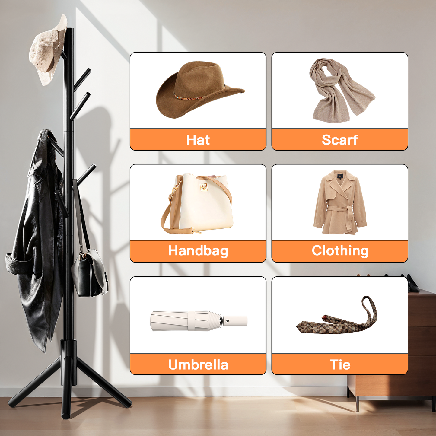Coat Rack Stand with 3 Height Options and 8 Hooks Wooden Freestanding Coat Rack for Home, Office, Entryway, Hallway