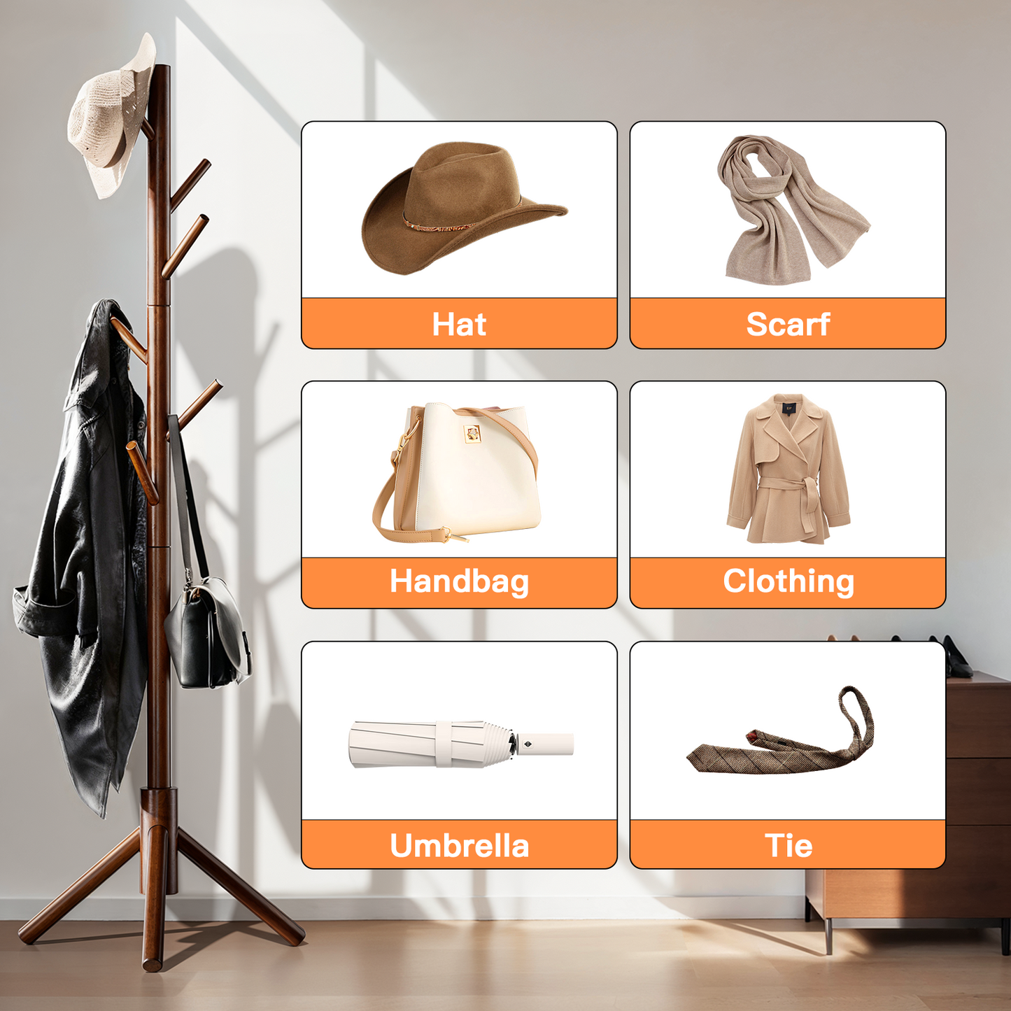 Coat Rack Stand with 3 Height Options and 8 Hooks Wooden Tall Freestanding Coat Rack for Home, Office, Entryway, Hallway