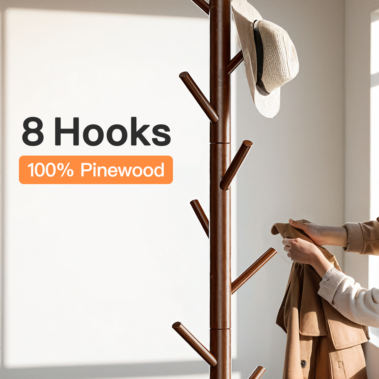 Coat Rack Stand with 3 Height Options and 8 Hooks Wooden Tall Freestanding Coat Rack for Home, Office, Entryway, Hallway