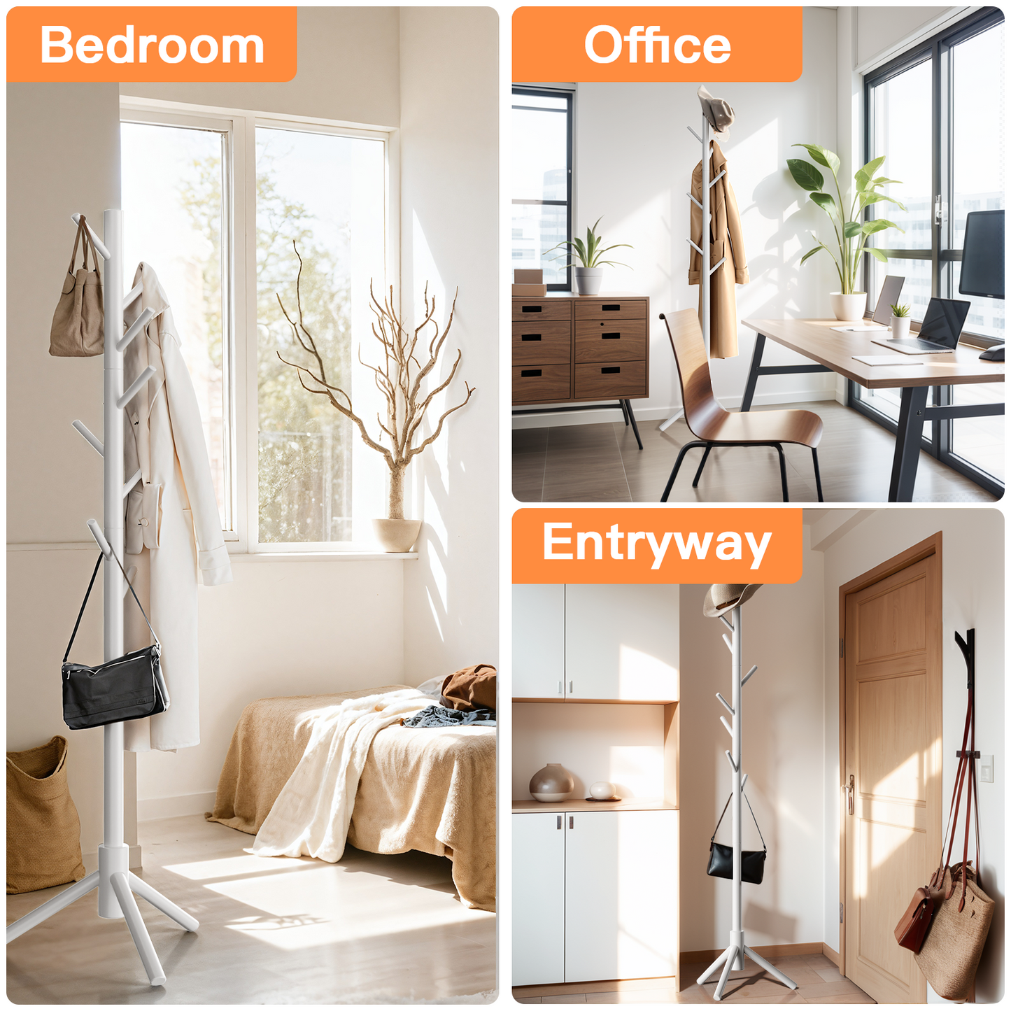 Coat Rack Stand with 3 Height Options and 8 Hooks Wooden Freestanding Coat Rack for Home, Office, Entryway, Hallway