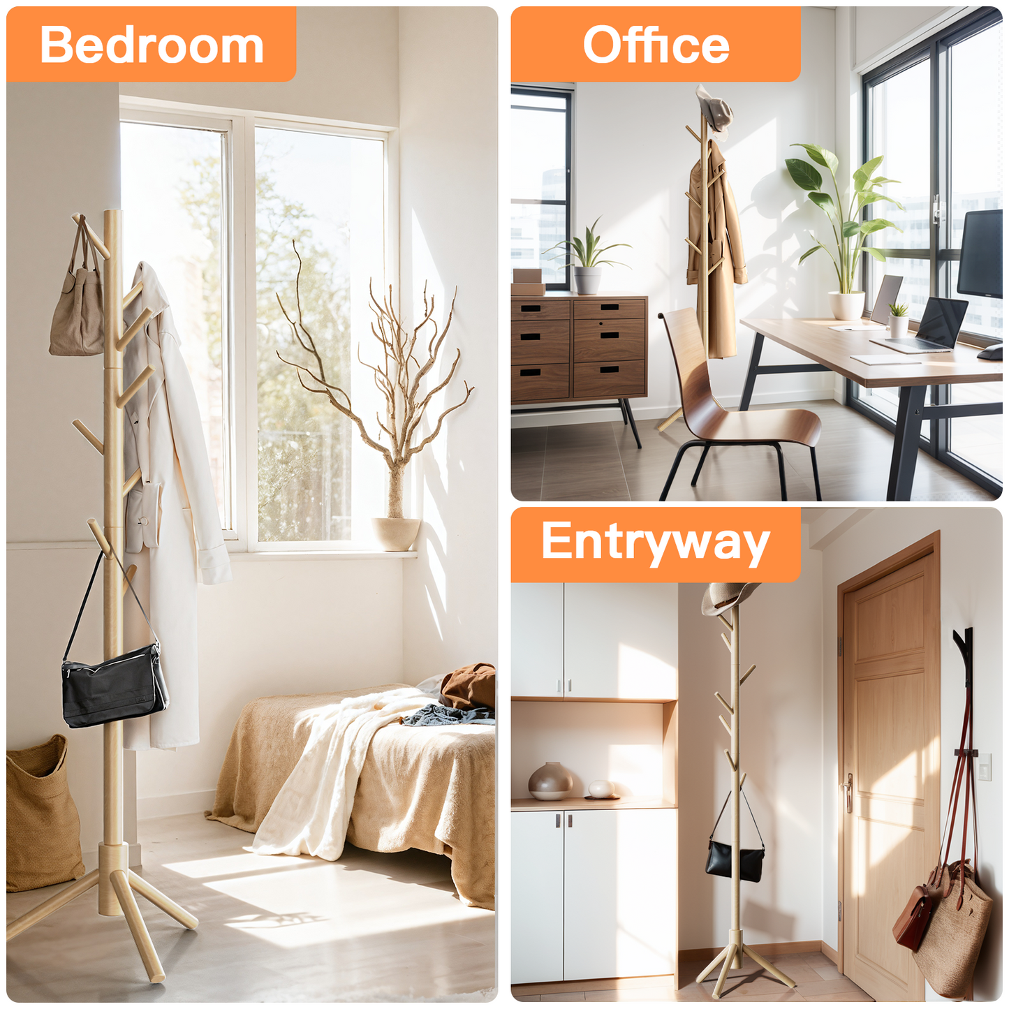 Coat Rack Stand with 3 Height Options and 8 Hooks Wooden Freestanding Coat Rack for Home, Office, Entryway, Hallway