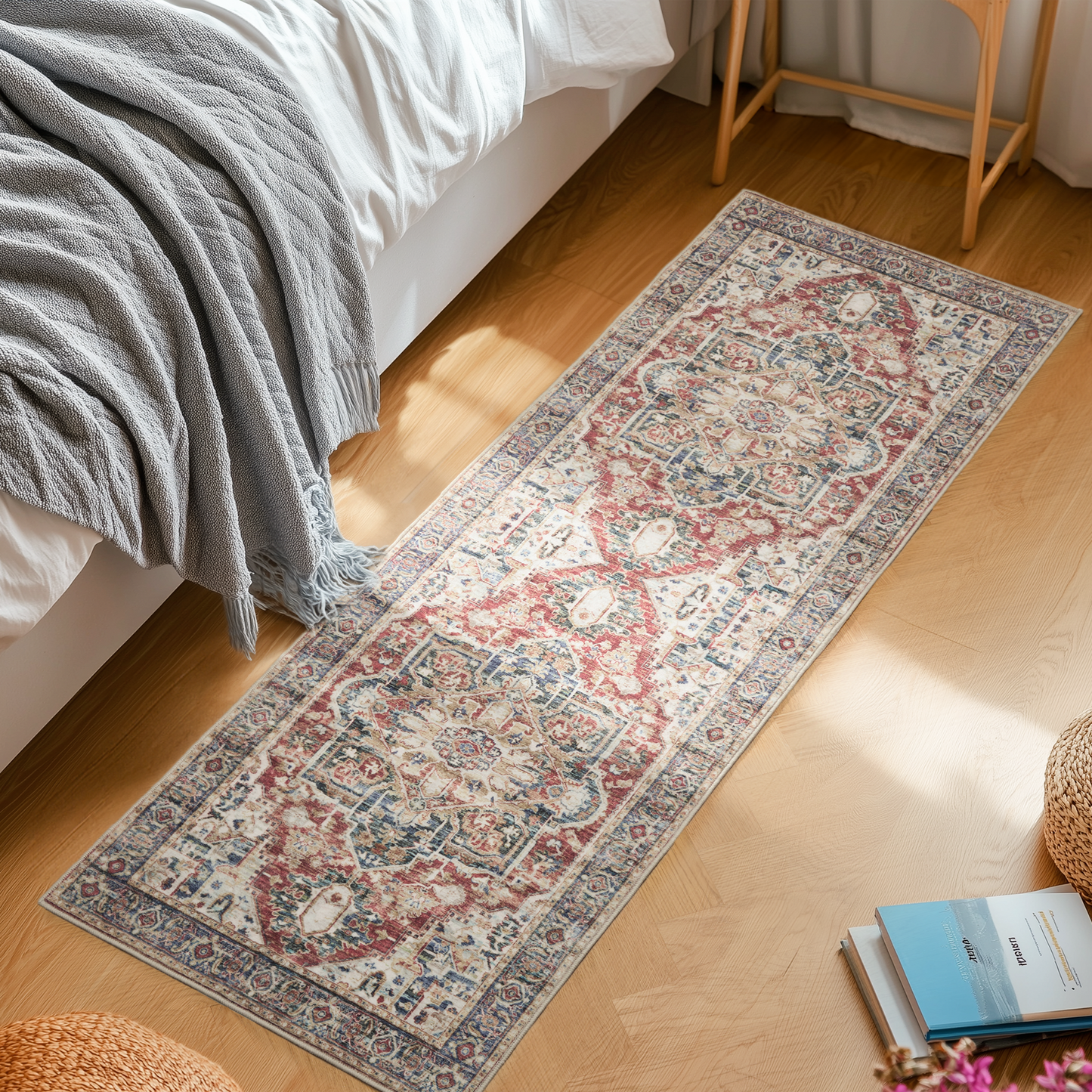 2'x6' Boho Runner Rug for Hallway, Machine Washable Stain Resistant Non-Shed Carpet, Runner Rug with Non-Slip Backing for Kitchen, Entryway, Bedroom, Laundry, Bathroom