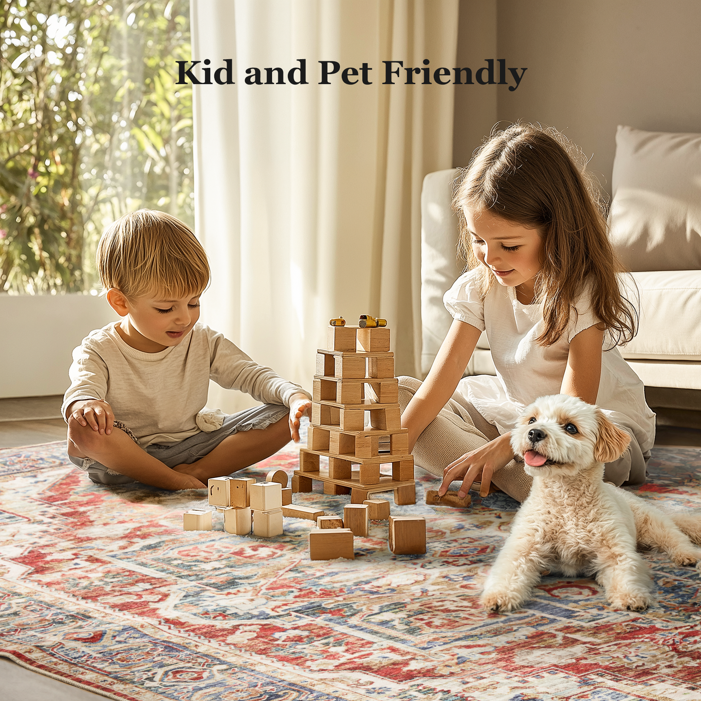 9'x12' Boho Area Rugs for Living Room, Machine Washable Area Rug with Non-Slip Backing, Stain Resistant Non-Shed Carpet for Bedroom, Dining Room, Dorm, Office