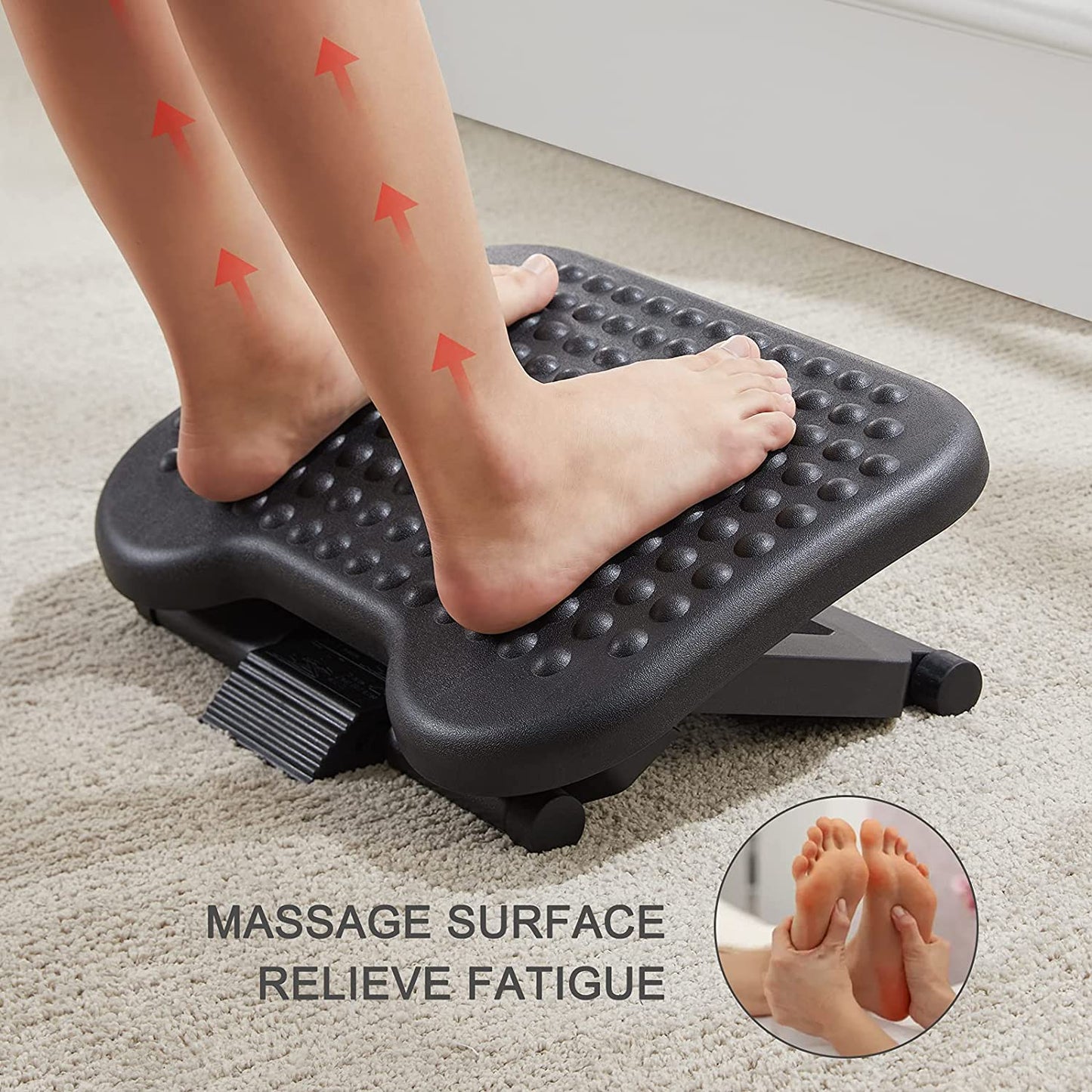 Adjustable Under Desk Footrest with Massage, Foot Stool Under Desk with 3 Height Adjustment & 30 Degree Tilt Angle for Home, Office