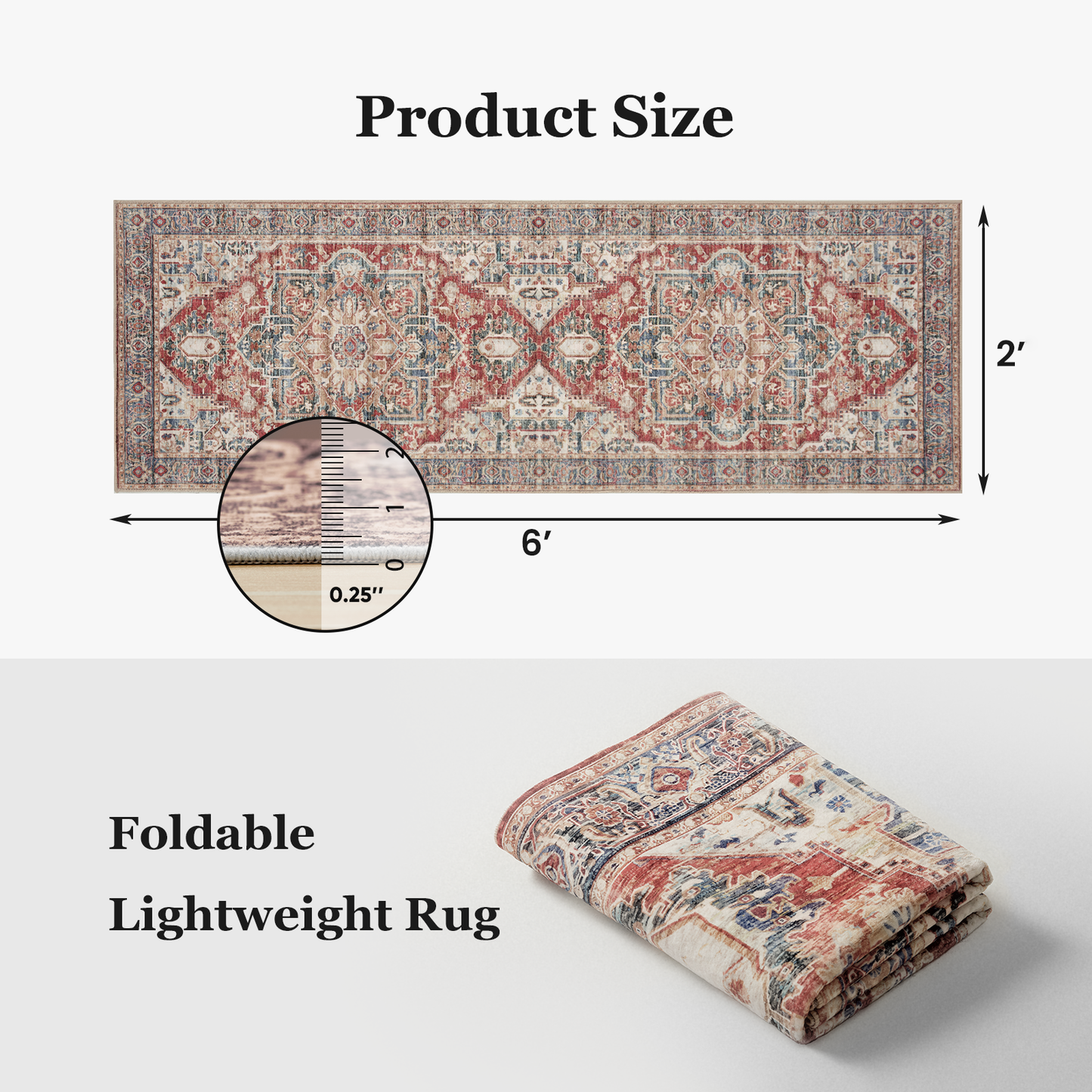 2'x6' Boho Runner Rug for Hallway, Machine Washable Stain Resistant Non-Shed Carpet, Runner Rug with Non-Slip Backing for Kitchen, Entryway, Bedroom, Laundry, Bathroom
