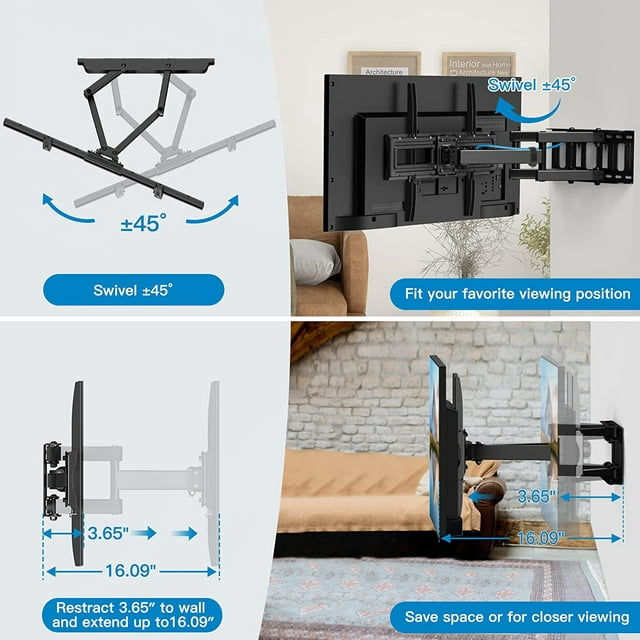 Full Motion TV Wall Mount Bracket for 37-75 inch LCD, QLED,OLED 4K Flat Curved TVs, Dual Arms Tilt Extension Swivel Articulating TV Mount, Max 600x400mm up to 132lbs, Fits 16 Studs
