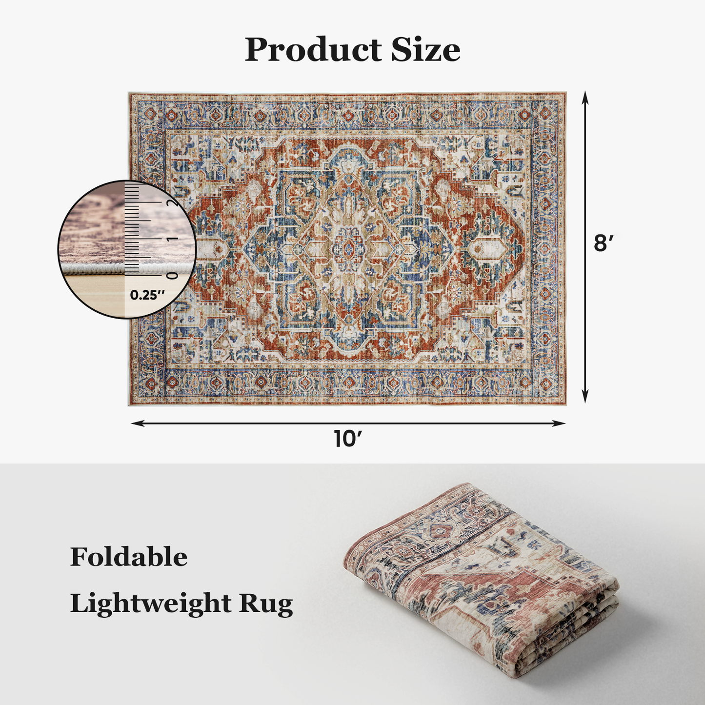 8'x10' Boho Area Rugs for Living Room, Machine Washable Area Rug with Non-Slip Backing, Stain Resistant Non-Shed Carpet for Bedroom, Dining Room, Dorm, Office