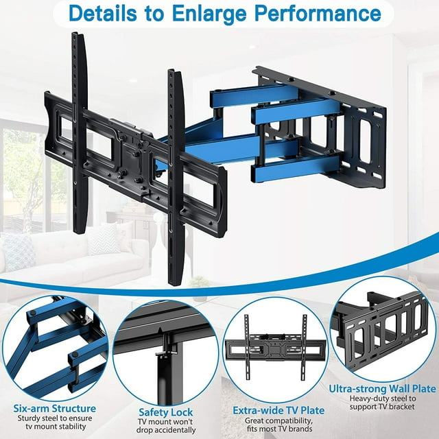 Full Motion TV Wall Mount Bracket for 37-75 inch LCD, QLED,OLED 4K Flat Curved TVs, Dual Arms Tilt Extension Swivel Articulating TV Mount, Max 600x400mm up to 132lbs, Fits 16 Studs