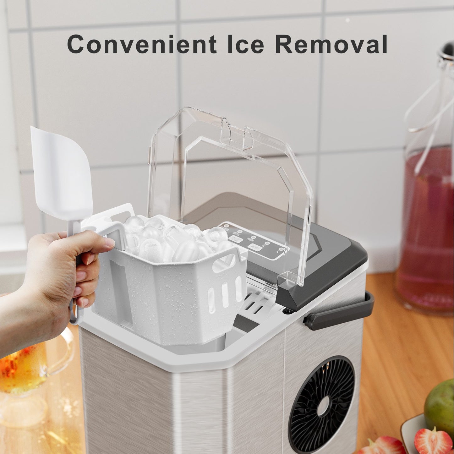 Philergo Countertop Ice Maker, Portable Ice Machine with Basket & Scoop, 9 Cubes in 6 Mins, 26lbs/24H, Silver