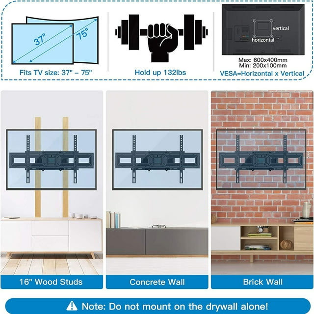 Full Motion TV Wall Mount Bracket for 37-75 inch LCD, QLED,OLED 4K Flat Curved TVs, Dual Arms Tilt Extension Swivel Articulating TV Mount, Max 600x400mm up to 132lbs, Fits 16 Studs
