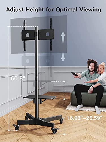 PERLESMITH Mobile TV Cart with Wheels for 23-60 Inch LCD LED OLED Flat Curved Screen Outdoor TVs Height Adjustable Shelf Floor Stand Holds up to 55lbs Monitor TV Holder with Tray Max VESA 400x400mm