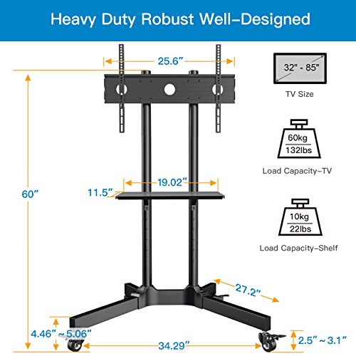 PERLESMITH Mobile TV Cart with Wheels for 32-85 Inch Flat Curved Screen TVs- UL Certificated Height Adjustable Rolling TV Stand Hold Up to 132 lbs- Floor TV Stand with Tray Max VESA 600x400mm PSTVMC01