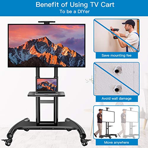Rolling/Mobile TV Cart with Wheels for 32-75 Inch LCD LED 4K Flat Screen TVs - TV Floor Stand with Shelf Holds Up to 100 lbs, Height Adjustable Trolley Max VESA 600x400mm- PSTVMC05