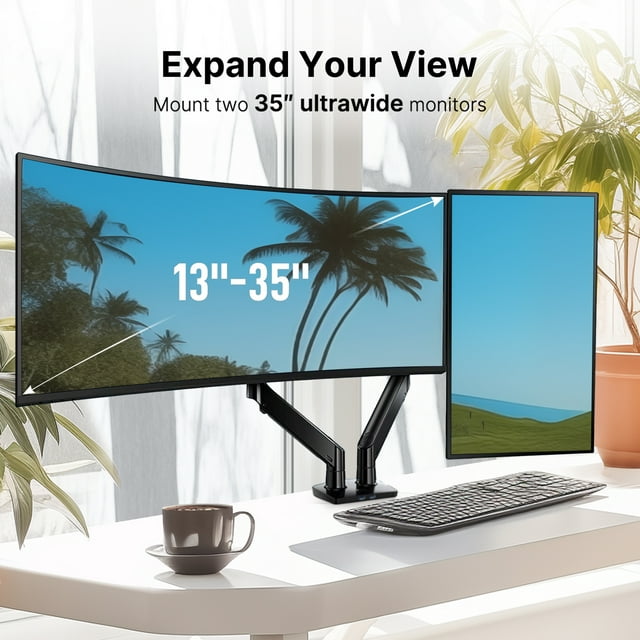 Dual Monitor Mount Desk Stand for 13-35 Screens inch Height Adjustable with Clamp/Grommet Base&USB, Each Arm Hold up to 26.4lbs