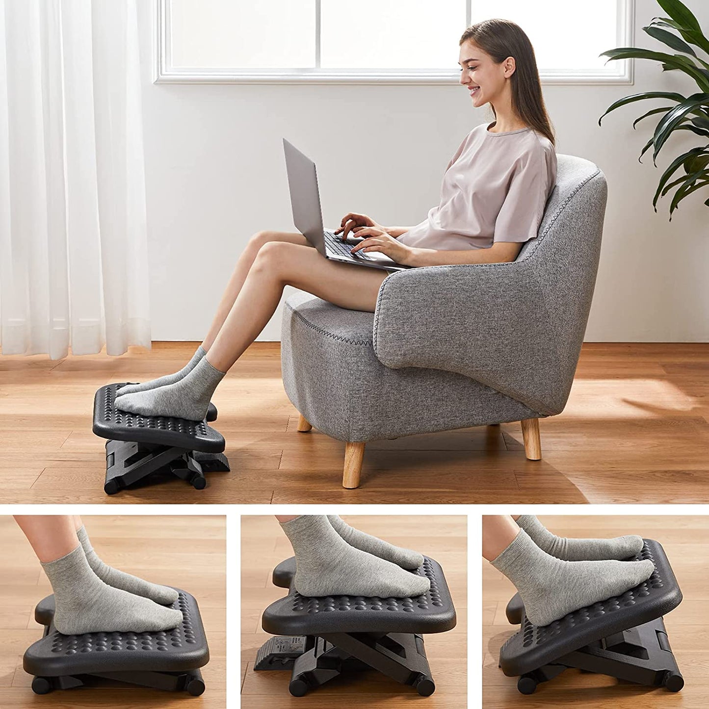 Adjustable Under Desk Footrest with Massage, Foot Stool Under Desk with 3 Height Adjustment & 30 Degree Tilt Angle for Home, Office