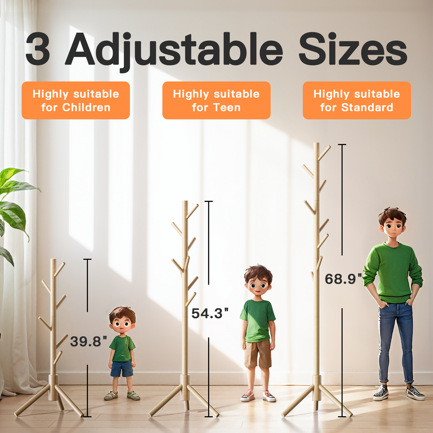 Coat Rack Stand with 3 Height Options and 8 Hooks Wooden Freestanding Coat Rack for Home, Office, Entryway, Hallway