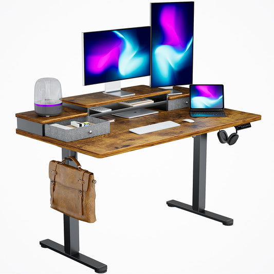 48x24 Adjustable Height Electric Standing Desk with Double Drawers, Computer Stand Up Desk, Home Office Desk Workstation with Storage Shelf, Vintage Brown