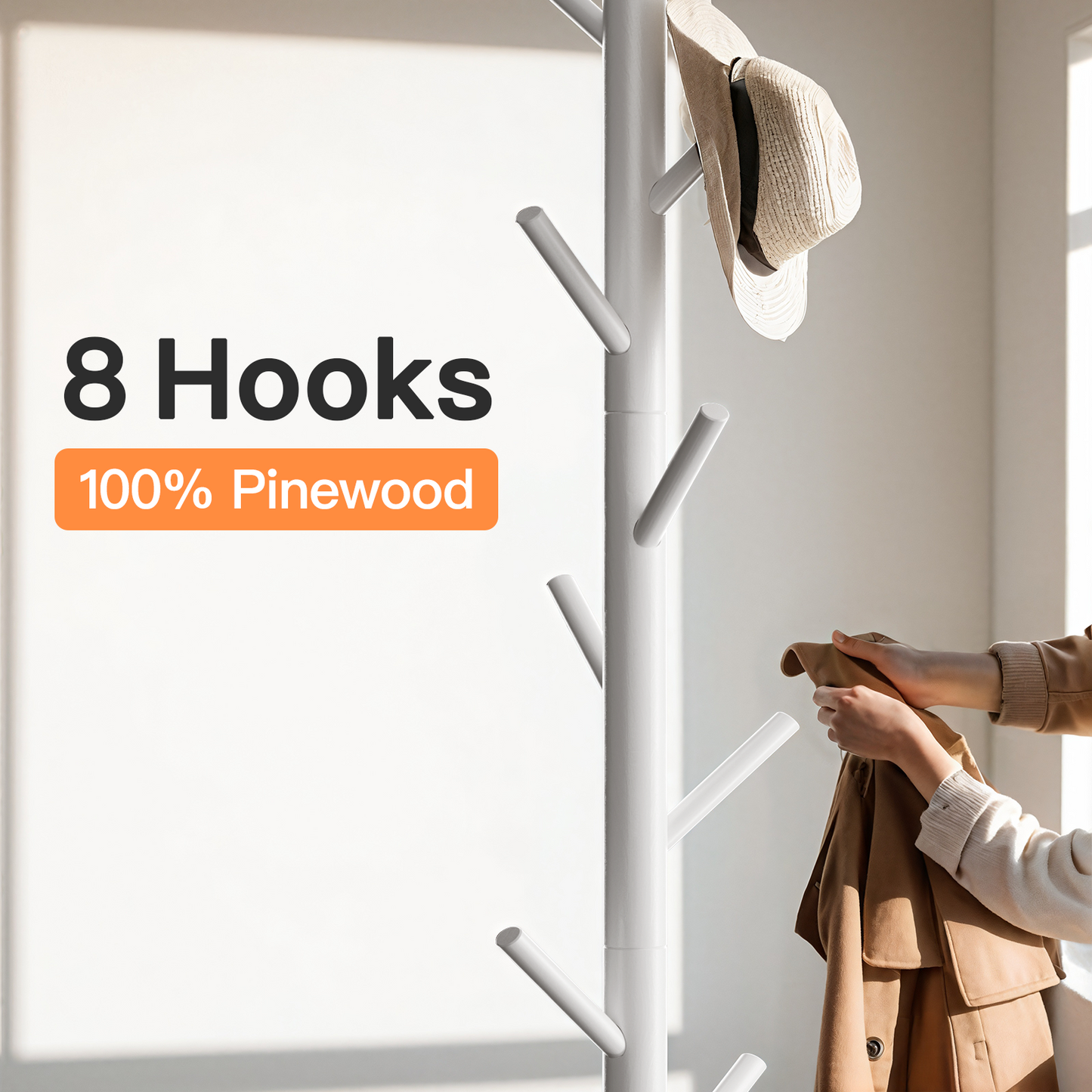 Coat Rack Stand with 3 Height Options and 8 Hooks Wooden Freestanding Coat Rack for Home, Office, Entryway, Hallway