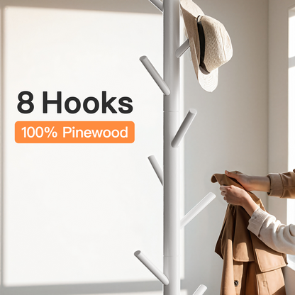 Coat Rack Stand with 3 Height Options and 8 Hooks Wooden Freestanding Coat Rack for Home, Office, Entryway, Hallway