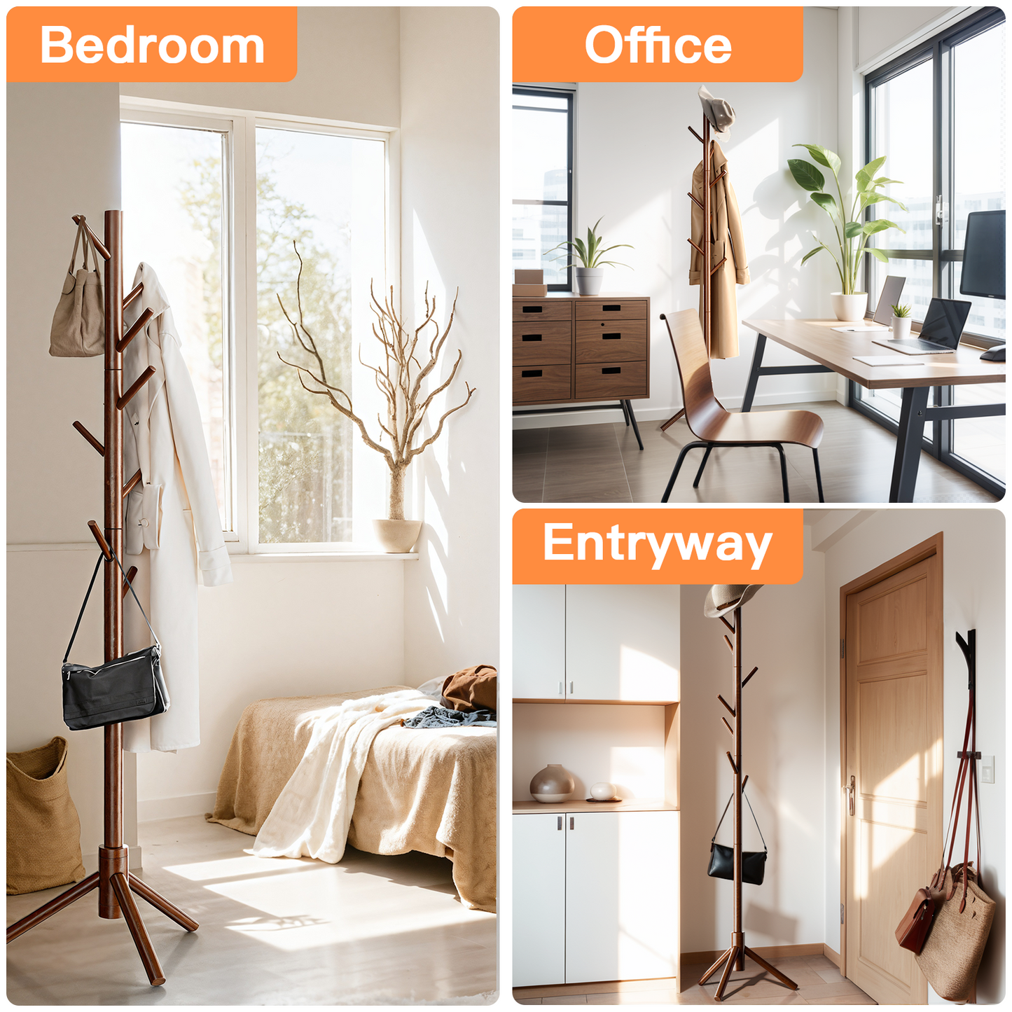 Coat Rack Stand with 3 Height Options and 8 Hooks Wooden Tall Freestanding Coat Rack for Home, Office, Entryway, Hallway