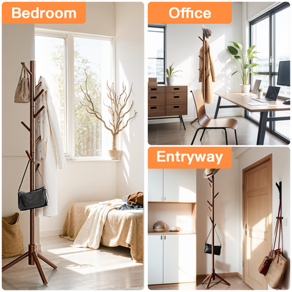 Coat Rack Stand with 3 Height Options and 8 Hooks Wooden Tall Freestanding Coat Rack for Home, Office, Entryway, Hallway