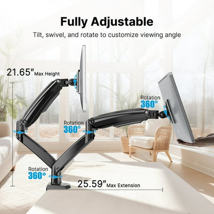 Dual Monitor Mount Desk Stand for 13-35 Screens inch Height Adjustable with Clamp/Grommet Base&USB, Each Arm Hold up to 26.4lbs