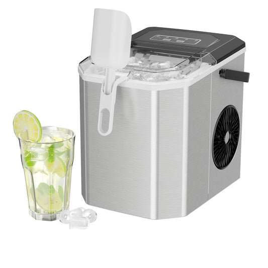 Philergo Countertop Ice Maker, Self-Cleaning Portable Ice Machine, 9 Cubes in 6 Mins, 26lbs/24H, Silver