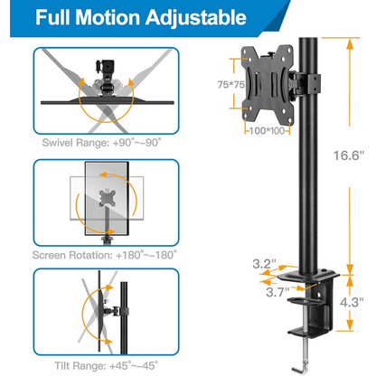 Single Monitor Stand Mount, Height Adjustable Stand Fits 13" to 32" Screen