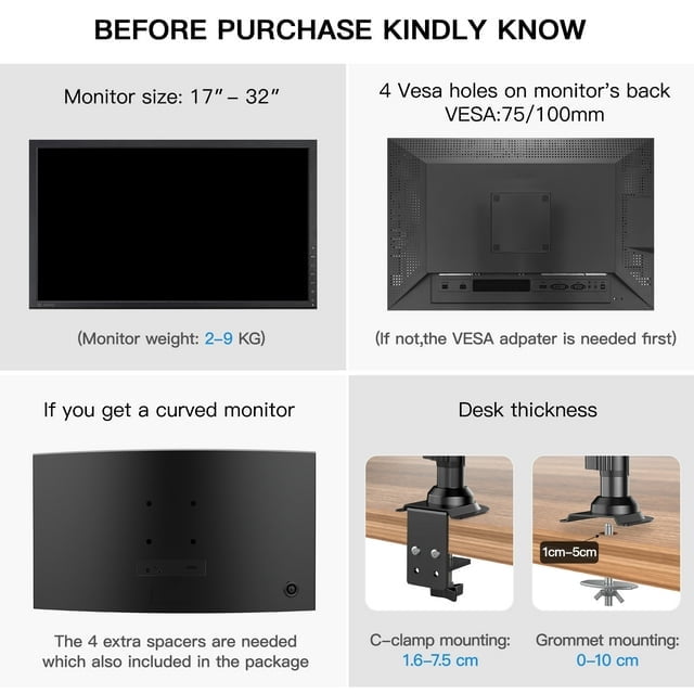 Single Monitor Stand Mount for Most 13-32 inch Screens with Height Adjustable Gas Spring Single Arm, Full Motion Swivel Holds up to 19.8lbs