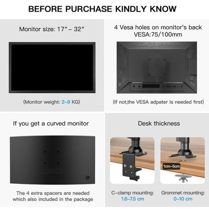 Single Monitor Stand Mount for Most 13-32 inch Screens with Height Adjustable Gas Spring Single Arm, Full Motion Swivel Holds up to 19.8lbs