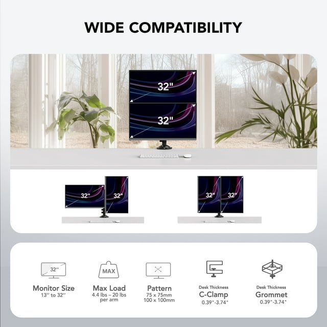 Dual Monitor Stand Fits Two 17-32 inch Screens with Height Adjustable Gas Spring Arm