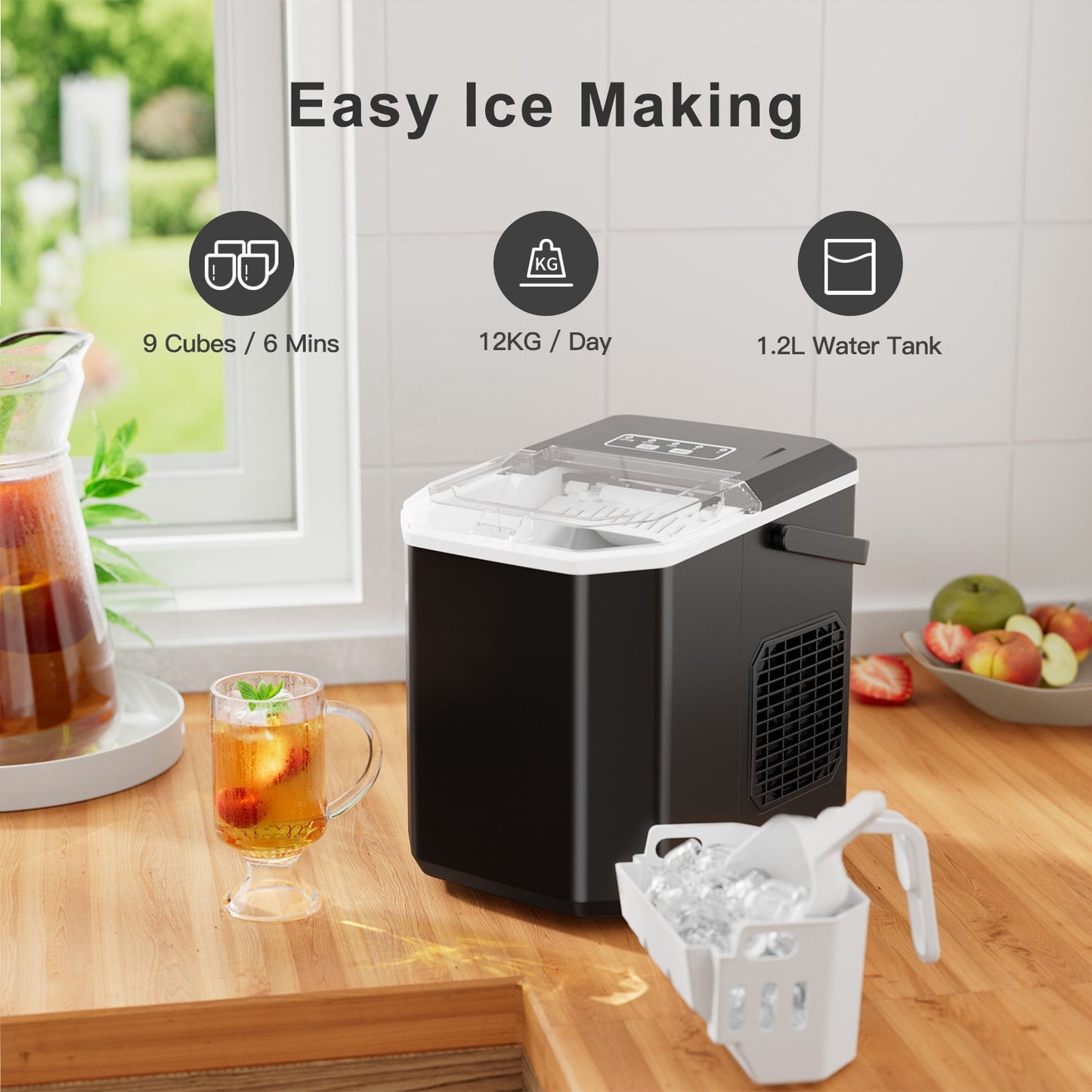 Philergo Countertop Ice Maker, Self-Cleaning Portable Ice Machine with Basket & Scoop, 9 Cubes in 6 Mins, 26lbs/24H(Black)