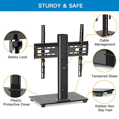 PERLESMITH TV Stand - Table Top TV Stand for 32-55 inch LCD LED TVs - Height Adjustable TV Base Stand with Tempered Glass Base & Wire Management, VESA 400x400mm